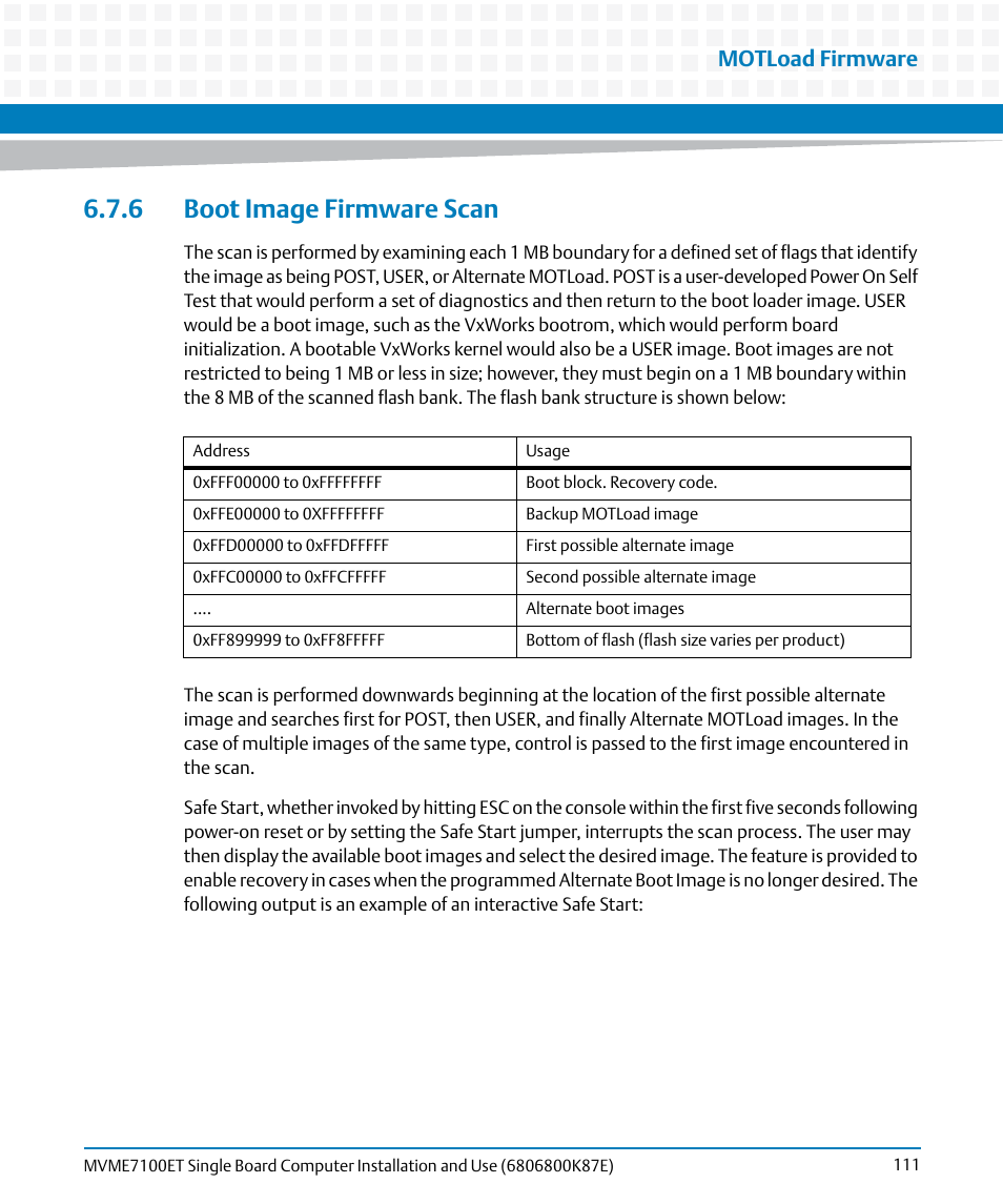 6 boot image firmware scan, Motload firmware | Artesyn MVME7100ET Single Board Computer Installation and Use (June 2014) User Manual | Page 111 / 134