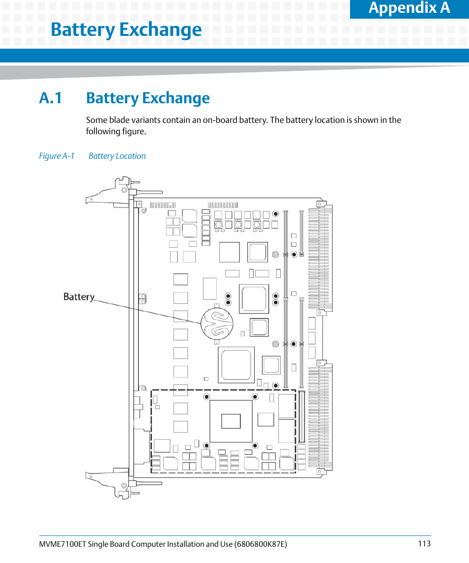 A battery exchange, A.1 battery exchange, Figure a-1 | Battery location, Appendix a, battery exchange, Battery exchange, Appendix a | Artesyn MVME7100ET Single Board Computer Installation and Use (June 2014) User Manual | Page 113 / 134