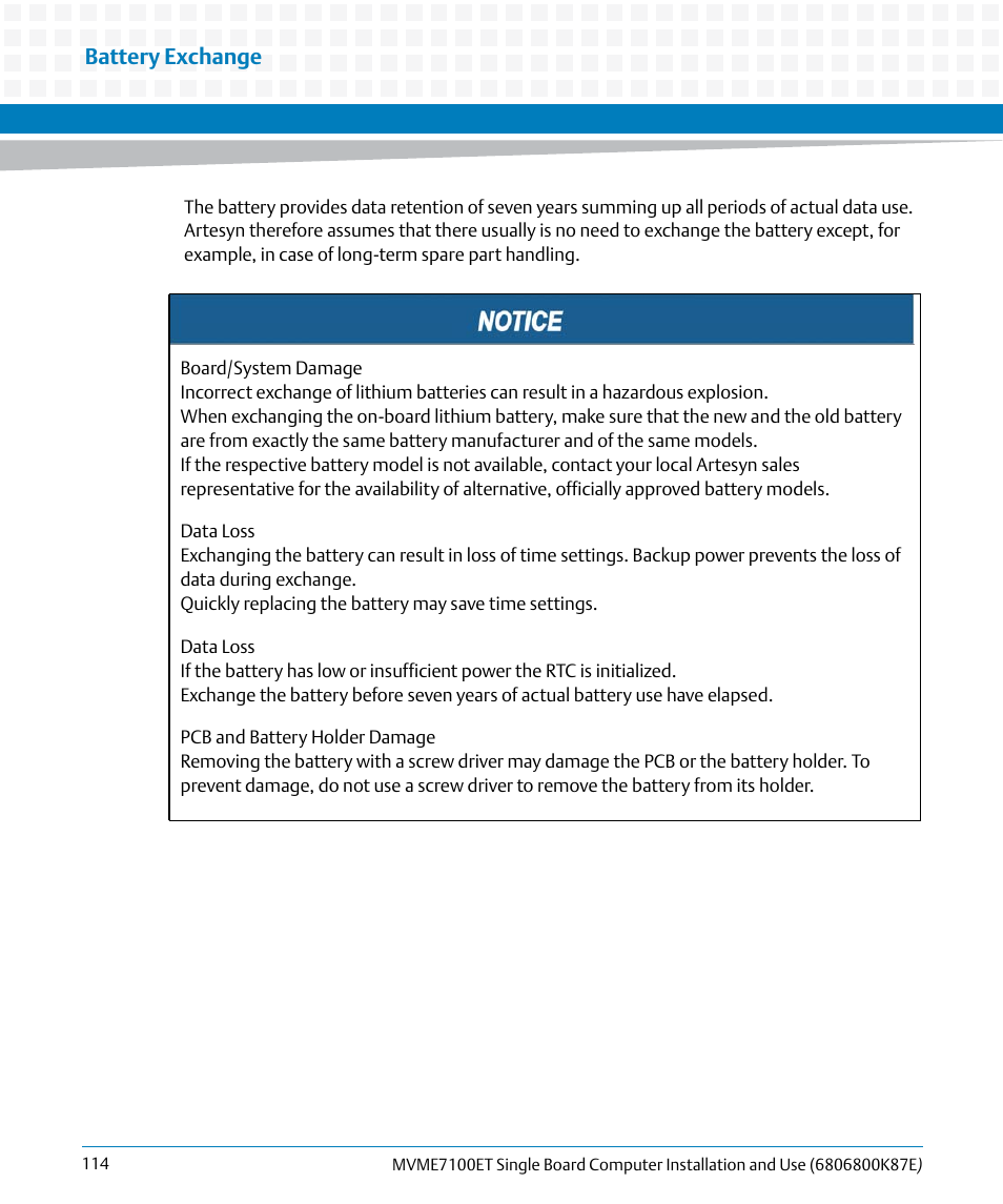 Battery exchange | Artesyn MVME7100ET Single Board Computer Installation and Use (June 2014) User Manual | Page 114 / 134