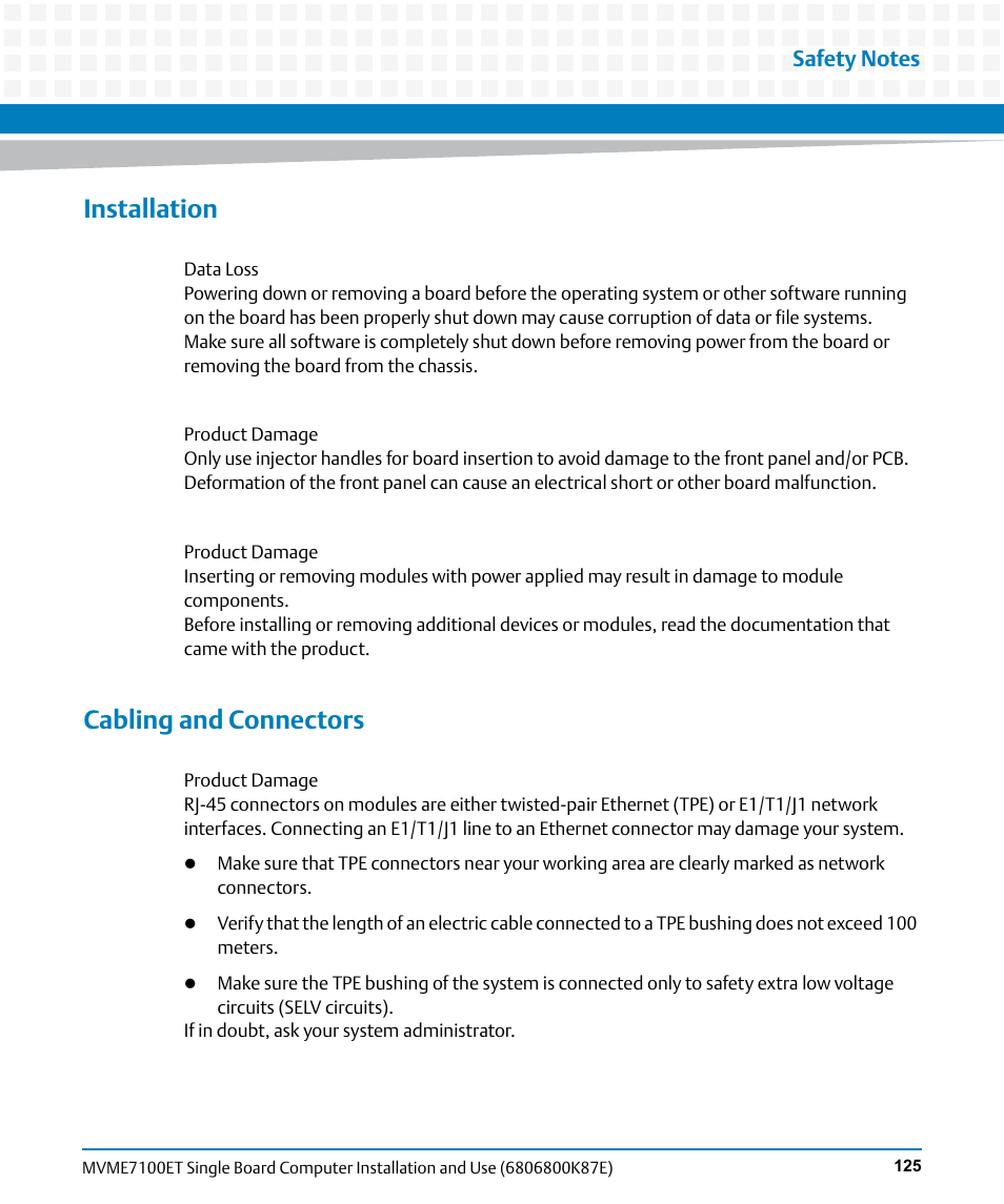 Installation, Cabling and connectors | Artesyn MVME7100ET Single Board Computer Installation and Use (June 2014) User Manual | Page 125 / 134