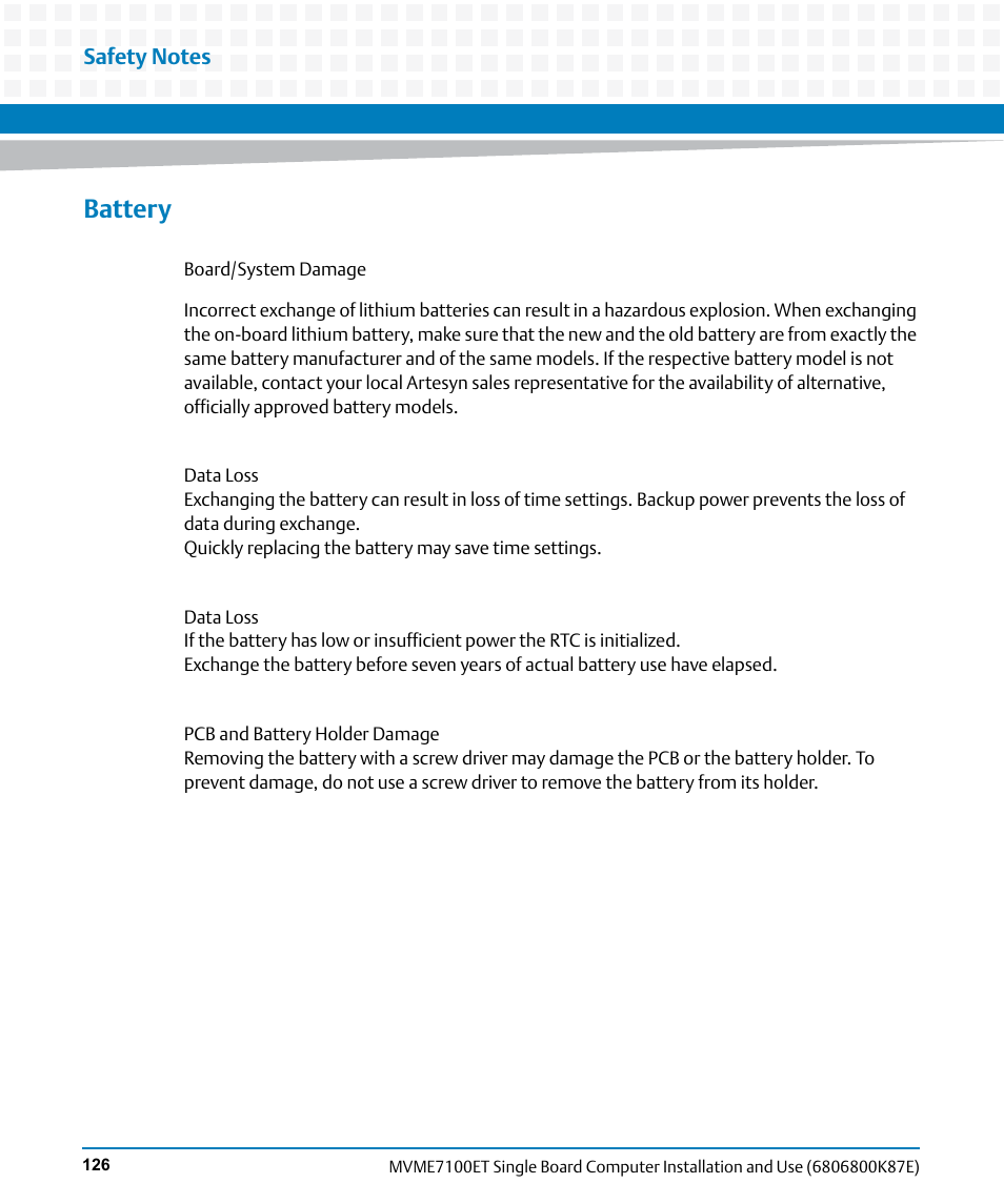 Battery | Artesyn MVME7100ET Single Board Computer Installation and Use (June 2014) User Manual | Page 126 / 134