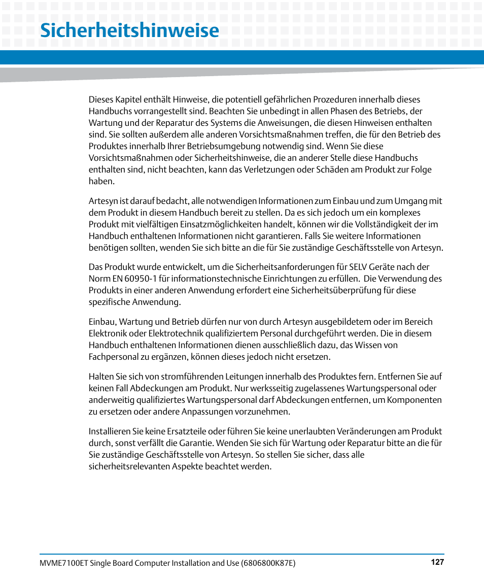 Sicherheitshinweise, Is a ge | Artesyn MVME7100ET Single Board Computer Installation and Use (June 2014) User Manual | Page 127 / 134