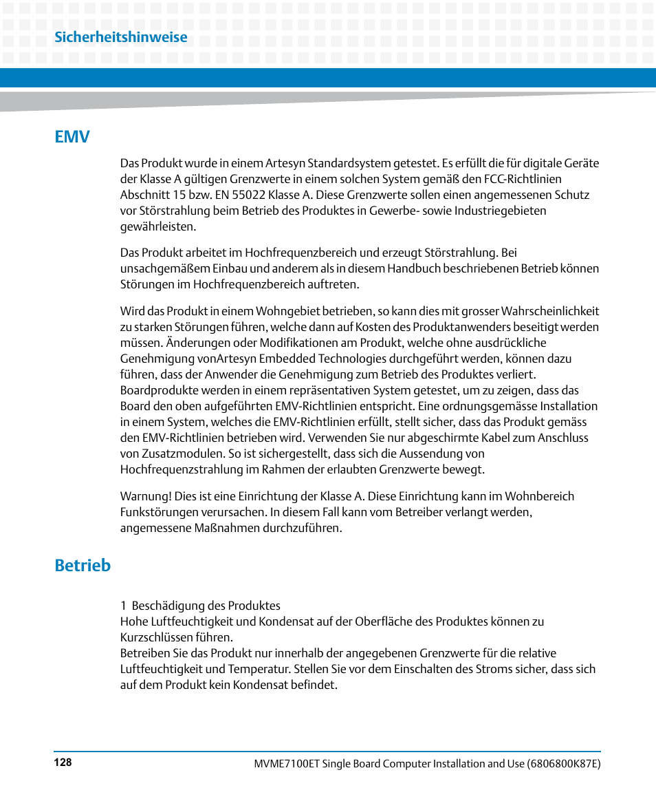 Betrieb | Artesyn MVME7100ET Single Board Computer Installation and Use (June 2014) User Manual | Page 128 / 134