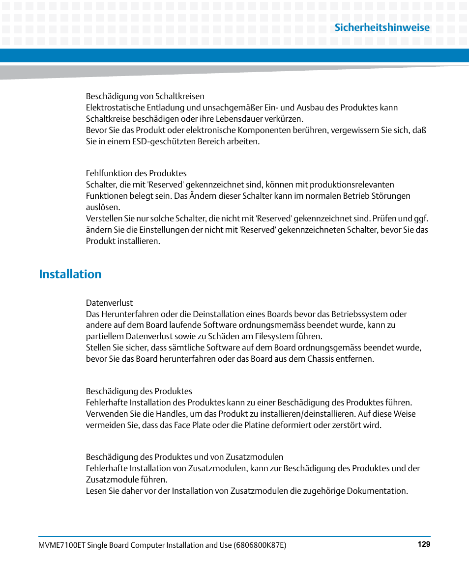 Installation, Sicherheitshinweise | Artesyn MVME7100ET Single Board Computer Installation and Use (June 2014) User Manual | Page 129 / 134