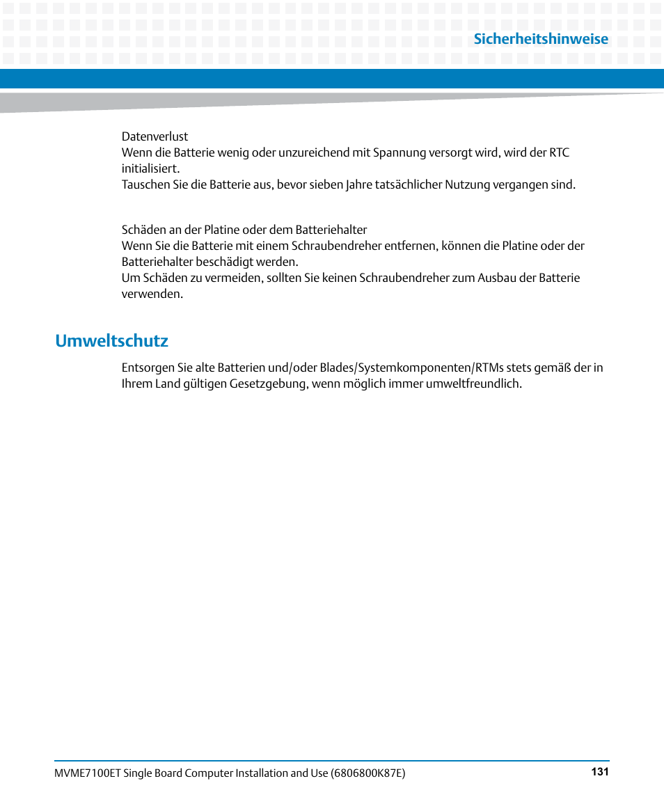 Umweltschutz | Artesyn MVME7100ET Single Board Computer Installation and Use (June 2014) User Manual | Page 131 / 134