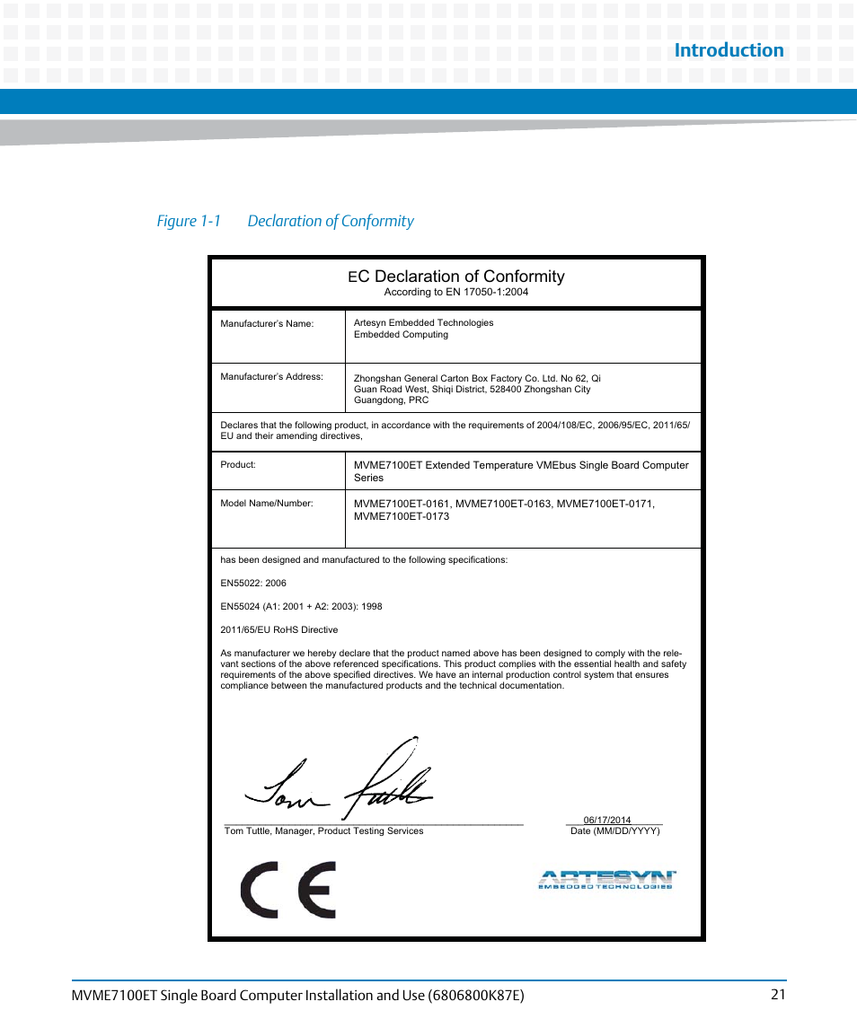 Figure 1-1, Declaration of conformity, Introduction | C declaration of conformity, Figure 1-1 declaration of conformity | Artesyn MVME7100ET Single Board Computer Installation and Use (June 2014) User Manual | Page 21 / 134