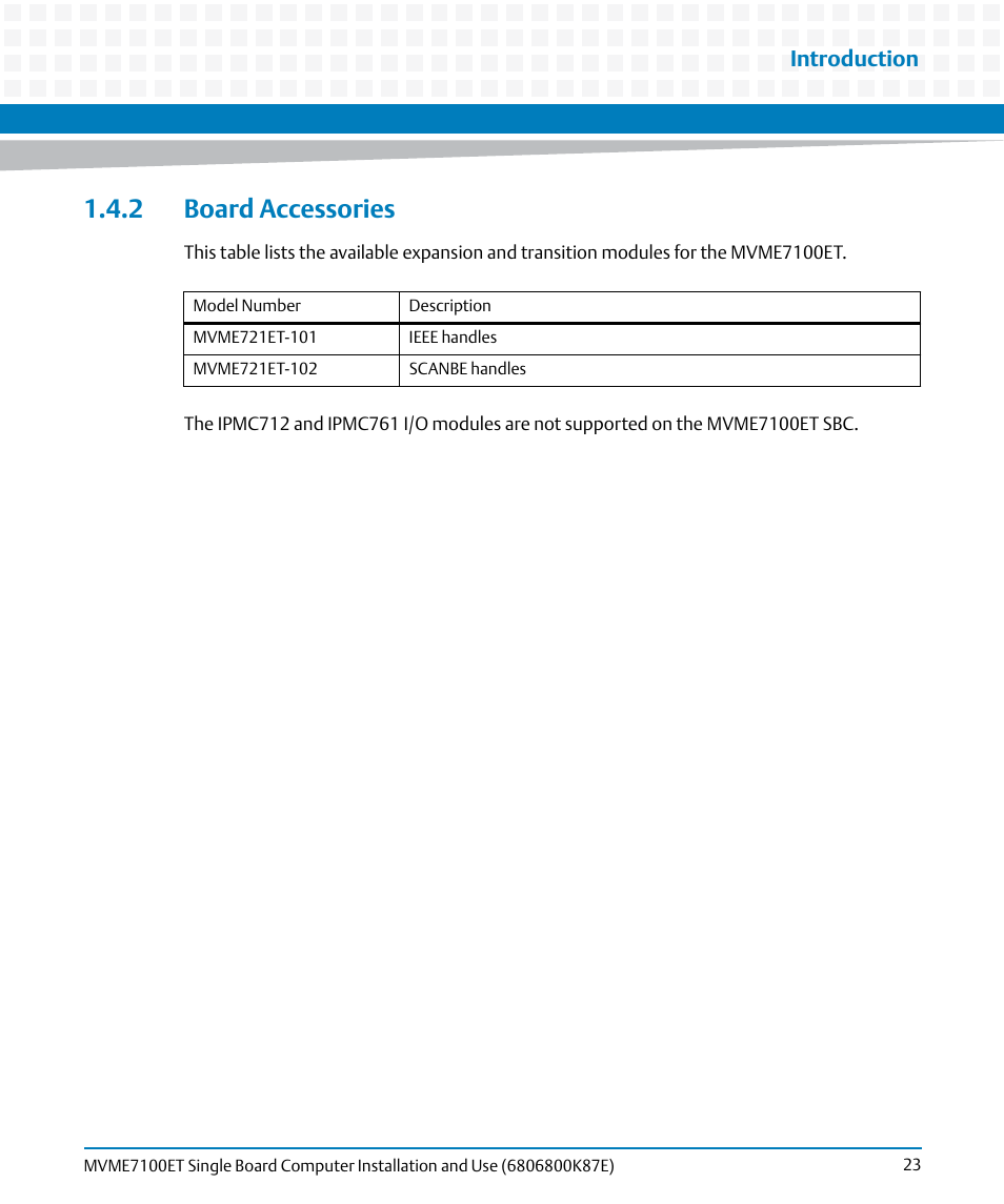2 board accessories, Introduction | Artesyn MVME7100ET Single Board Computer Installation and Use (June 2014) User Manual | Page 23 / 134