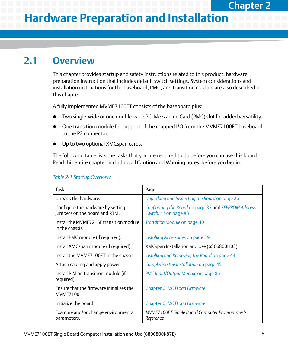 Hardware preparation and installation, 1 overview, Table 2-1 | Startup overview, Chapter 2, hardware preparation and installation, Chapter 2 | Artesyn MVME7100ET Single Board Computer Installation and Use (June 2014) User Manual | Page 25 / 134