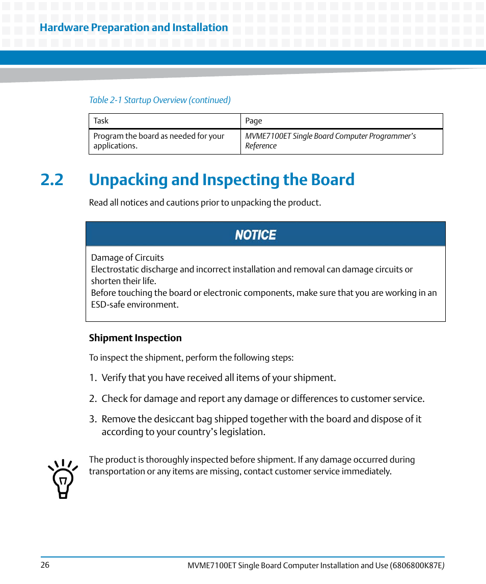 2 unpacking and inspecting the board, Unpacking and inspecting the board | Artesyn MVME7100ET Single Board Computer Installation and Use (June 2014) User Manual | Page 26 / 134