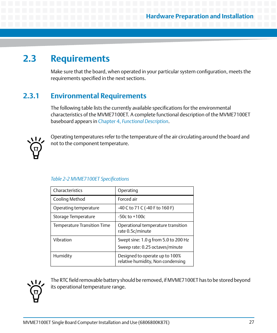 3 requirements, 1 environmental requirements, Table 2-2 | Mvme7100et specifications, Table "mvme7100et, Hardware preparation and installation | Artesyn MVME7100ET Single Board Computer Installation and Use (June 2014) User Manual | Page 27 / 134