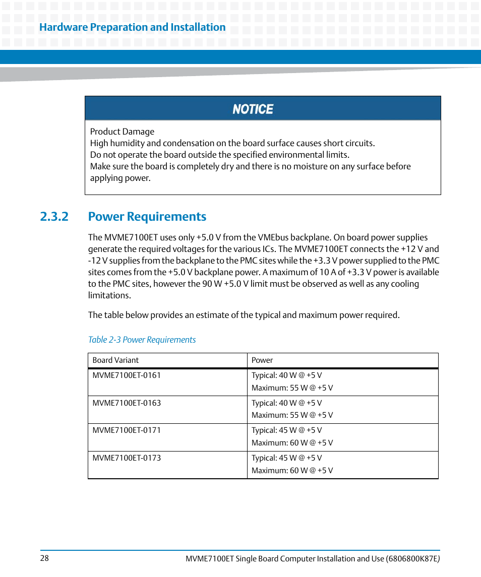 2 power requirements, Table 2-3, Power requirements | Hardware preparation and installation | Artesyn MVME7100ET Single Board Computer Installation and Use (June 2014) User Manual | Page 28 / 134
