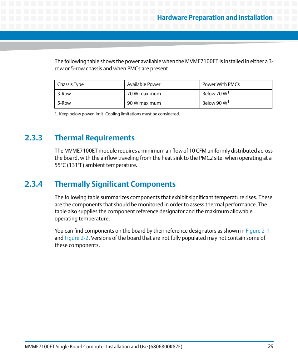 3 thermal requirements, 4 thermally significant components, Hardware preparation and installation | Artesyn MVME7100ET Single Board Computer Installation and Use (June 2014) User Manual | Page 29 / 134
