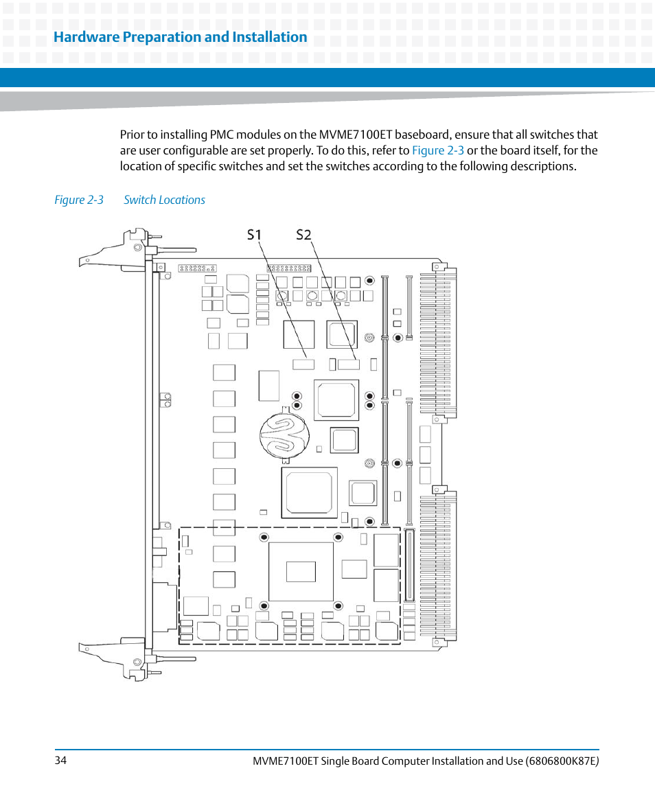Figure 2-3, Switch locations, Hardware preparation and installation | Artesyn MVME7100ET Single Board Computer Installation and Use (June 2014) User Manual | Page 34 / 134