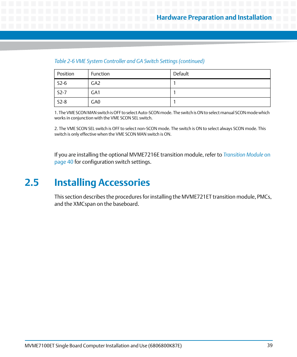 5 installing accessories, Installing accessories, Hardware preparation and installation | Artesyn MVME7100ET Single Board Computer Installation and Use (June 2014) User Manual | Page 39 / 134