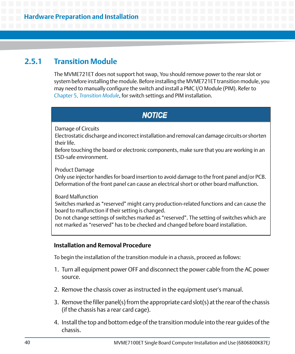 1 transition module, Transition module | Artesyn MVME7100ET Single Board Computer Installation and Use (June 2014) User Manual | Page 40 / 134