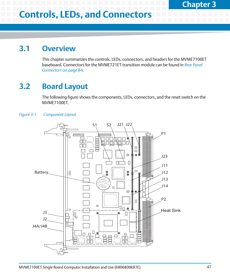 Controls, leds, and connectors, 1 overview, 2 board layout | 1 overview 3.2 board layout, Figure 3-1, Component layout, Chapter 3, controls, leds, and connectors, Chapter 3 | Artesyn MVME7100ET Single Board Computer Installation and Use (June 2014) User Manual | Page 47 / 134