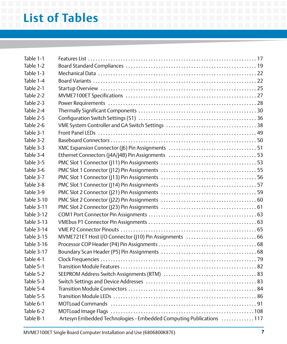 List of tables | Artesyn MVME7100ET Single Board Computer Installation and Use (June 2014) User Manual | Page 7 / 134