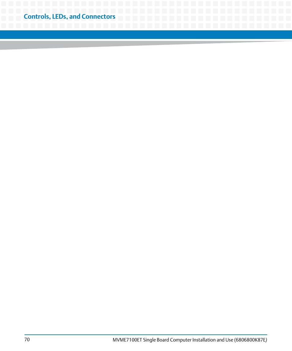 Controls, leds, and connectors | Artesyn MVME7100ET Single Board Computer Installation and Use (June 2014) User Manual | Page 70 / 134