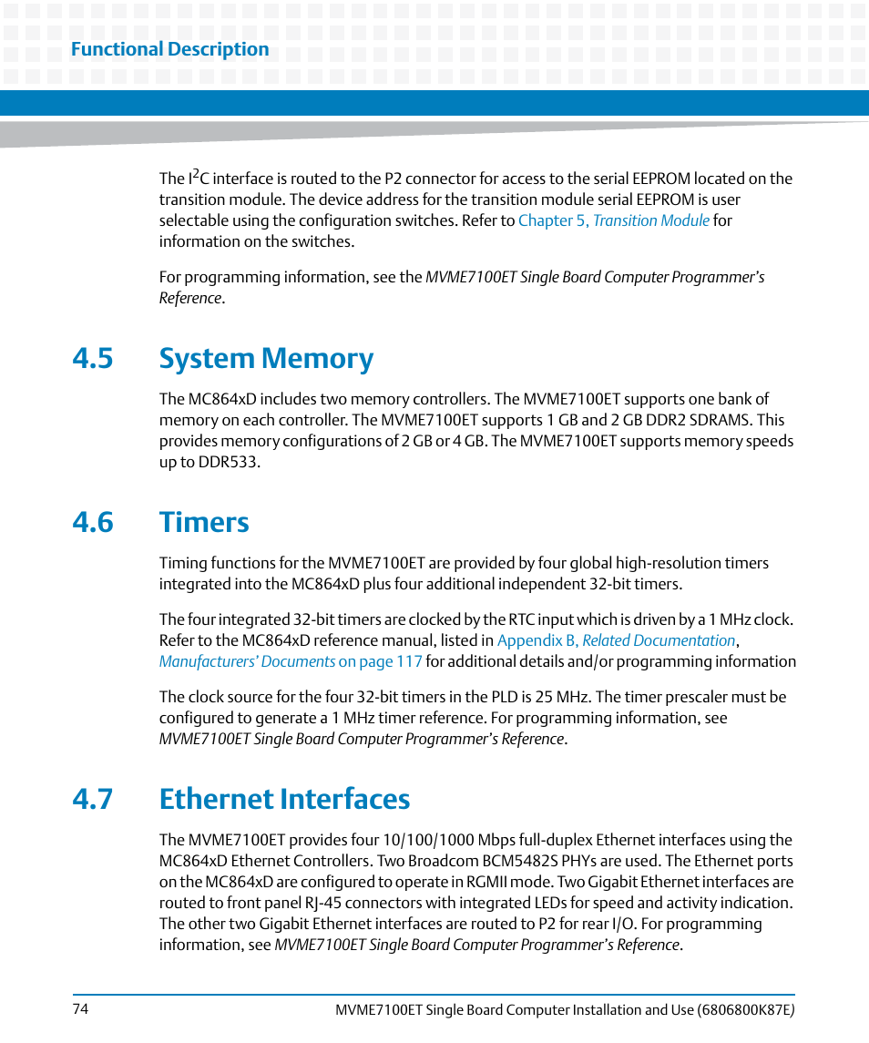 5 system memory, 6 timers, 7 ethernet interfaces | 5 system memory 4.6 timers 4.7 ethernet interfaces | Artesyn MVME7100ET Single Board Computer Installation and Use (June 2014) User Manual | Page 74 / 134