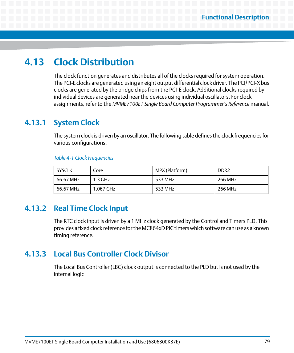 13 clock distribution, 1 system clock, 2 real time clock input | 3 local bus controller clock divisor, Table 4-1, Clock frequencies, Functional description | Artesyn MVME7100ET Single Board Computer Installation and Use (June 2014) User Manual | Page 79 / 134