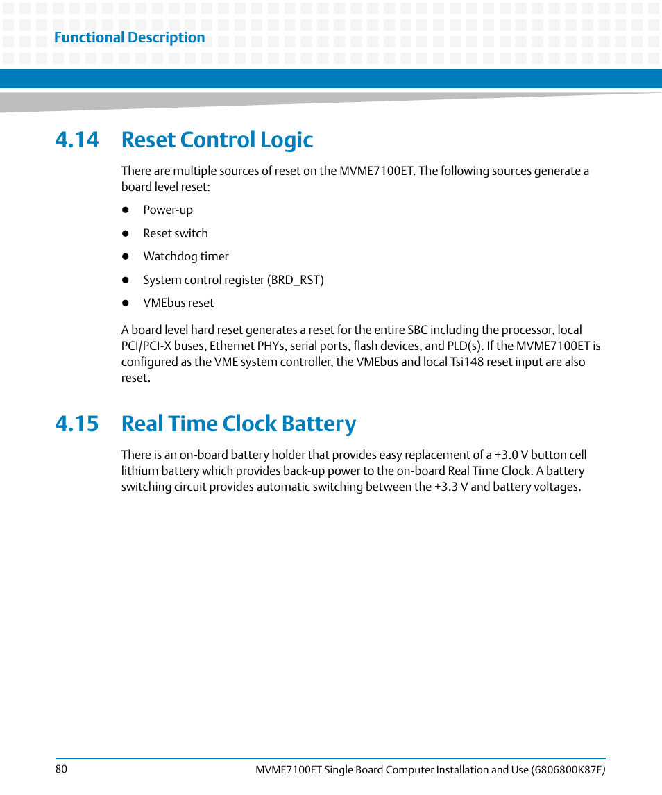 14 reset control logic, 15 real time clock battery | Artesyn MVME7100ET Single Board Computer Installation and Use (June 2014) User Manual | Page 80 / 134