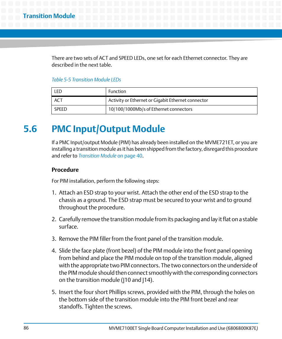 6 pmc input/output module, Table 5-5, Transition module leds | Pmc input/output module | Artesyn MVME7100ET Single Board Computer Installation and Use (June 2014) User Manual | Page 86 / 134