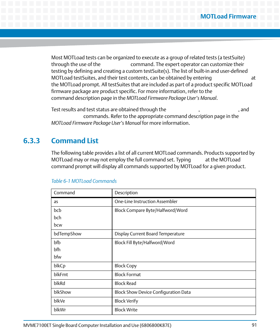 3 command list, Table 6-1, Motload commands | Motload firmware | Artesyn MVME7100ET Single Board Computer Installation and Use (June 2014) User Manual | Page 91 / 134
