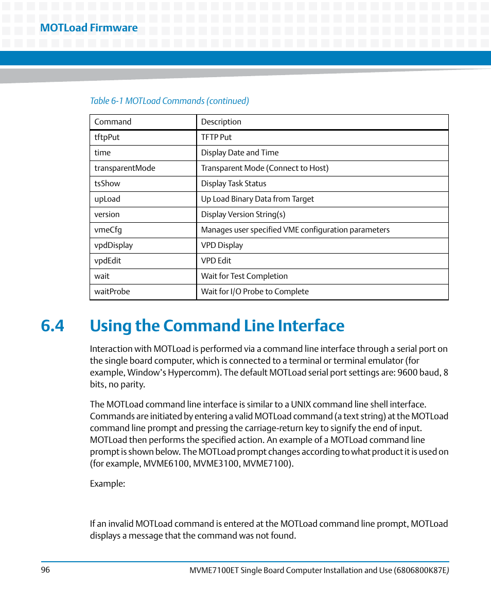 4 using the command line interface, Motload firmware | Artesyn MVME7100ET Single Board Computer Installation and Use (June 2014) User Manual | Page 96 / 134