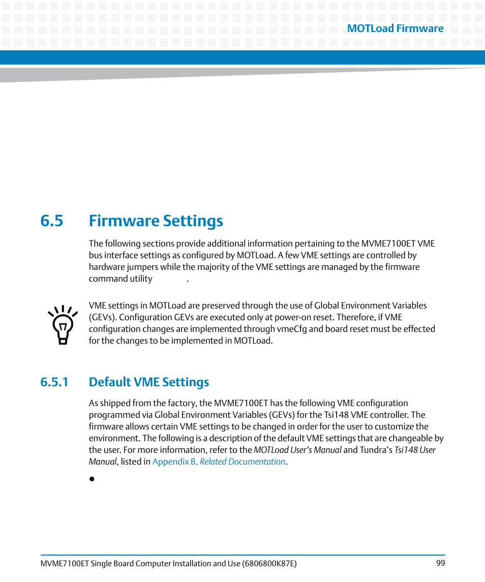 5 firmware settings, 1 default vme settings, Motload firmware | Artesyn MVME7100ET Single Board Computer Installation and Use (June 2014) User Manual | Page 99 / 134