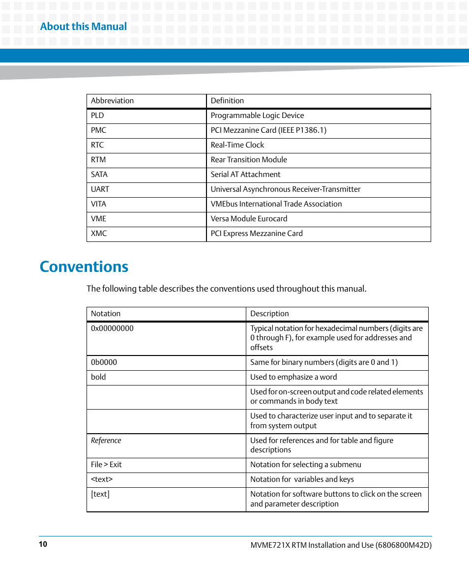 Conventions, About this manual | Artesyn MVME721x RTM Installation and Use (April 2015) User Manual | Page 10 / 54