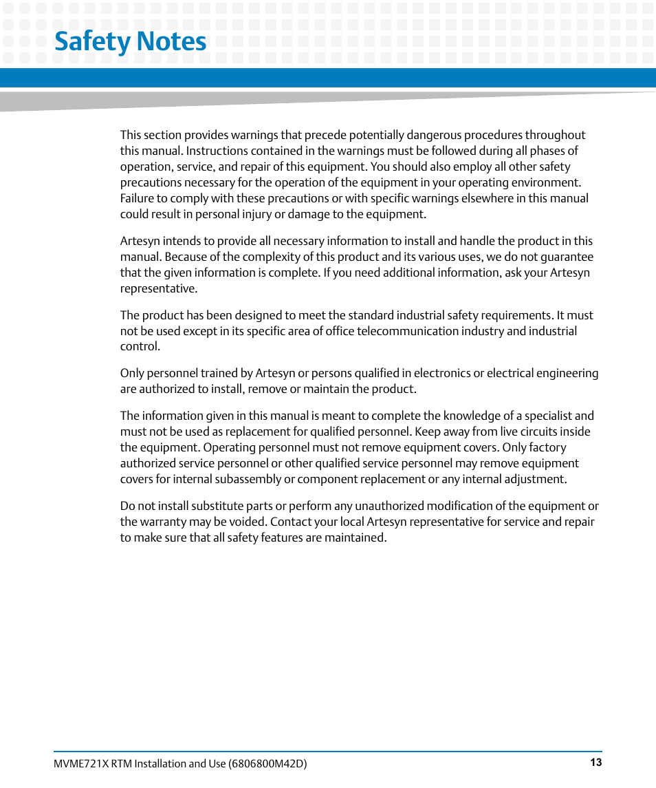 Safety notes | Artesyn MVME721x RTM Installation and Use (April 2015) User Manual | Page 13 / 54