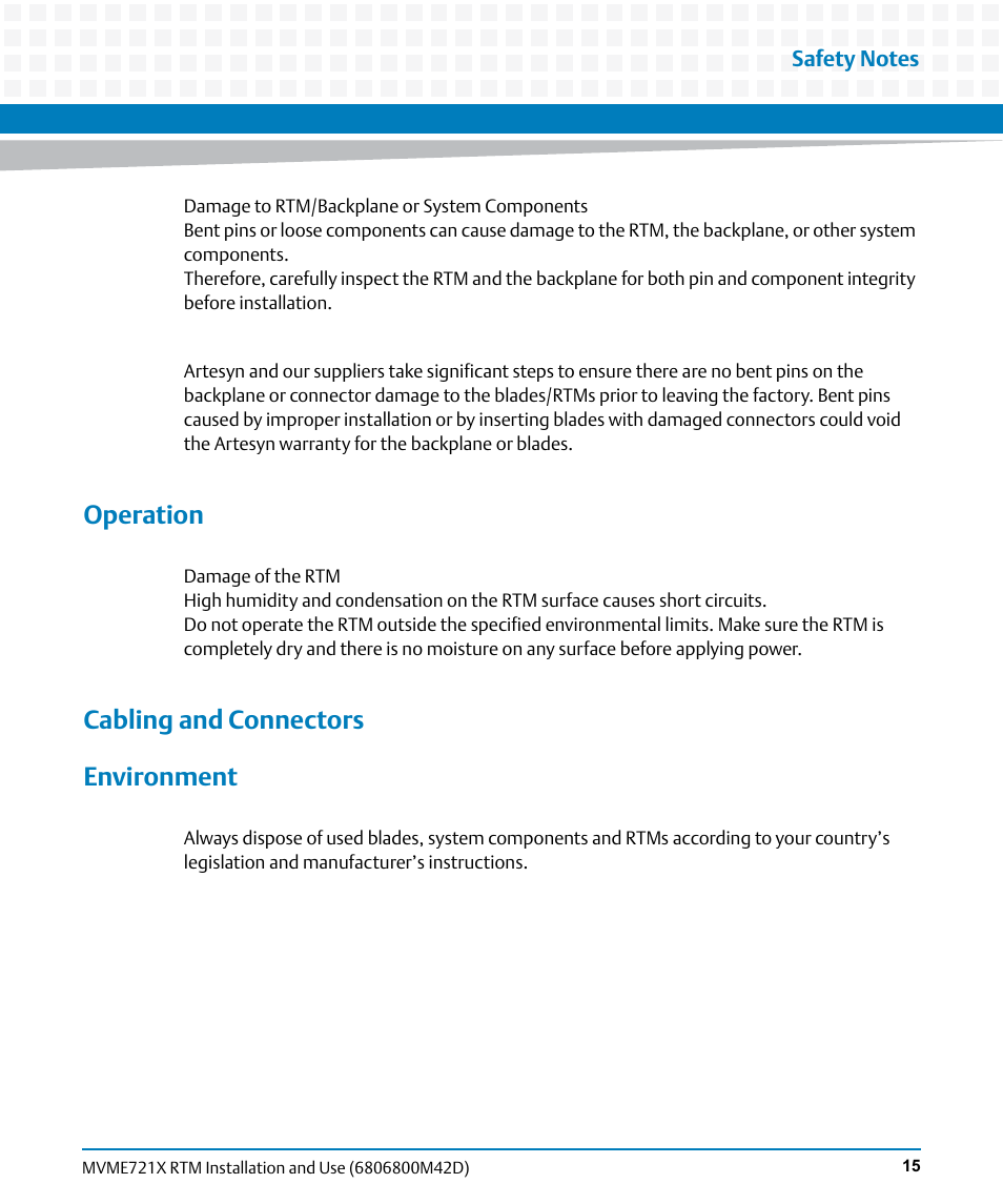 Operation, Cabling and connectors environment | Artesyn MVME721x RTM Installation and Use (April 2015) User Manual | Page 15 / 54