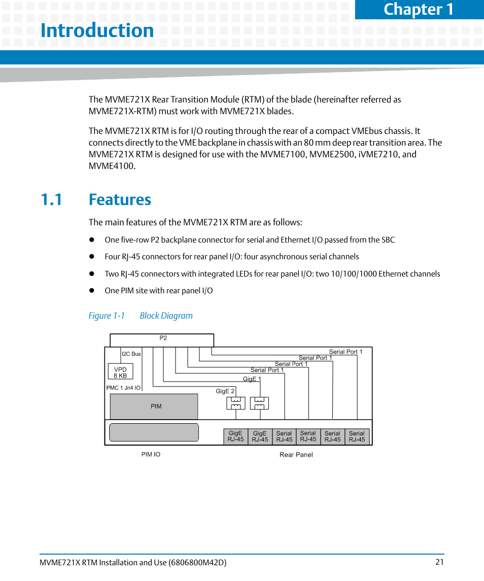 Introduction, 1 features, Figure 1-1 | Block diagram, Chapter 1 | Artesyn MVME721x RTM Installation and Use (April 2015) User Manual | Page 21 / 54