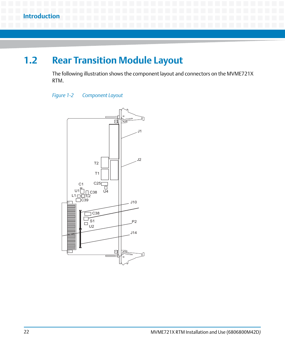 2 rear transition module layout, Figure 1-2, Component layout | Introduction | Artesyn MVME721x RTM Installation and Use (April 2015) User Manual | Page 22 / 54