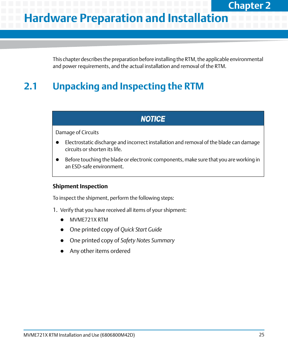 Hardware preparation and installation, 1 unpacking and inspecting the rtm, Chapter 2 | Artesyn MVME721x RTM Installation and Use (April 2015) User Manual | Page 25 / 54