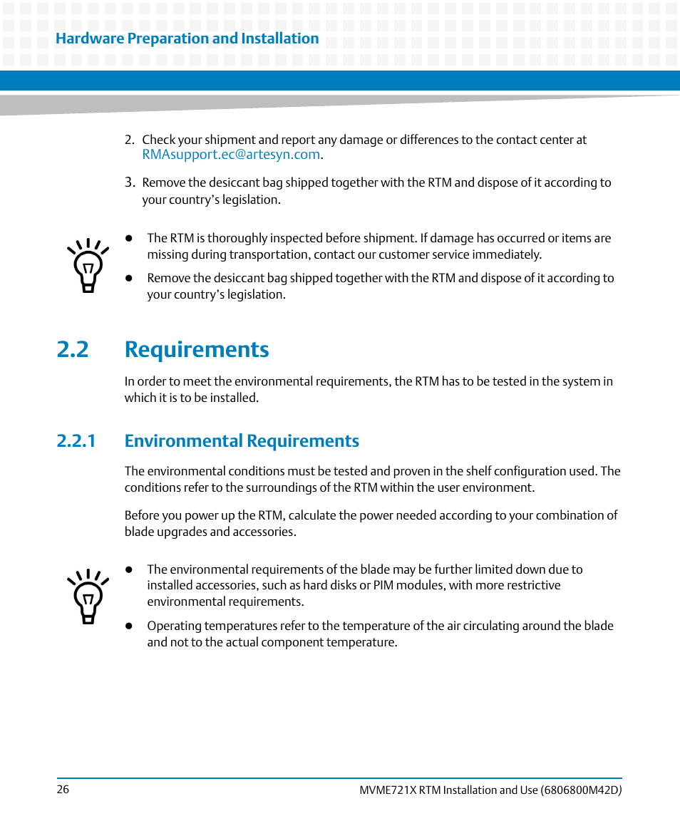 2 requirements, 1 environmental requirements | Artesyn MVME721x RTM Installation and Use (April 2015) User Manual | Page 26 / 54