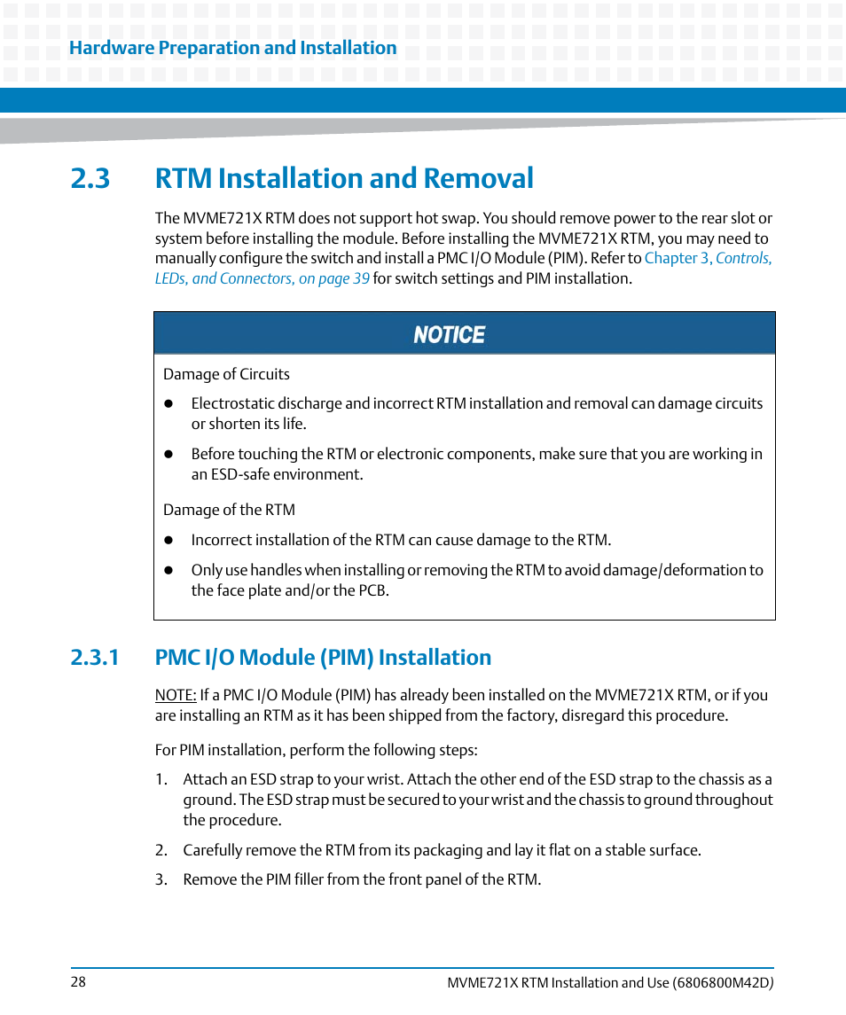 3 rtm installation and removal, 1 pmc i/o module (pim) installation, Chapter 2, rtm installation and | Artesyn MVME721x RTM Installation and Use (April 2015) User Manual | Page 28 / 54