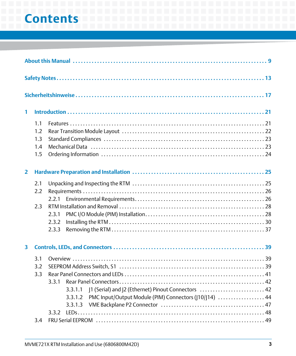 Artesyn MVME721x RTM Installation and Use (April 2015) User Manual | Page 3 / 54