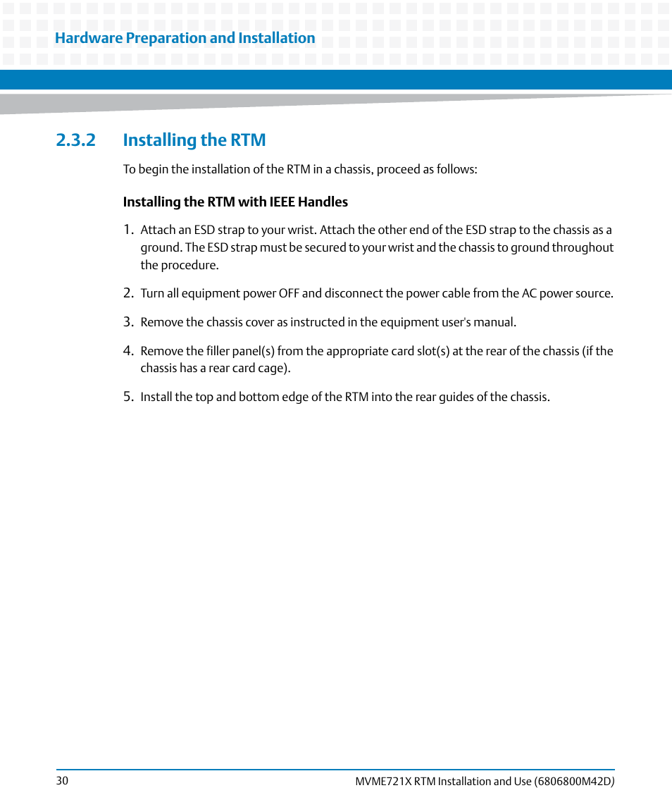 2 installing the rtm | Artesyn MVME721x RTM Installation and Use (April 2015) User Manual | Page 30 / 54