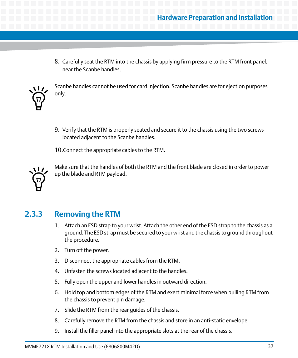 3 removing the rtm | Artesyn MVME721x RTM Installation and Use (April 2015) User Manual | Page 37 / 54