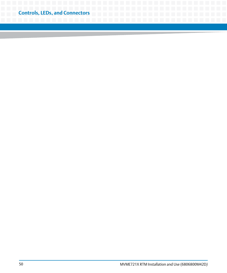 Controls, leds, and connectors | Artesyn MVME721x RTM Installation and Use (April 2015) User Manual | Page 50 / 54