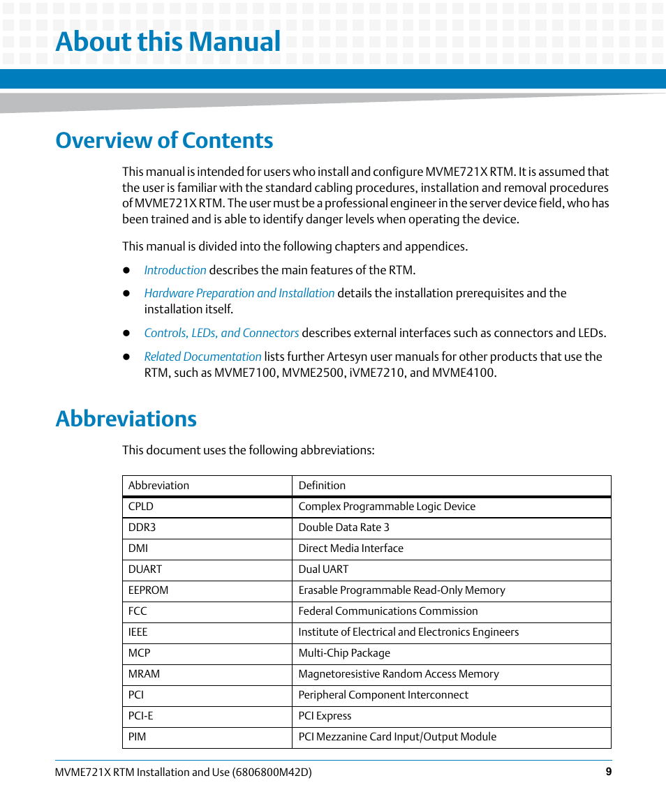 About this manual, Overview of contents, Abbreviations | Artesyn MVME721x RTM Installation and Use (April 2015) User Manual | Page 9 / 54