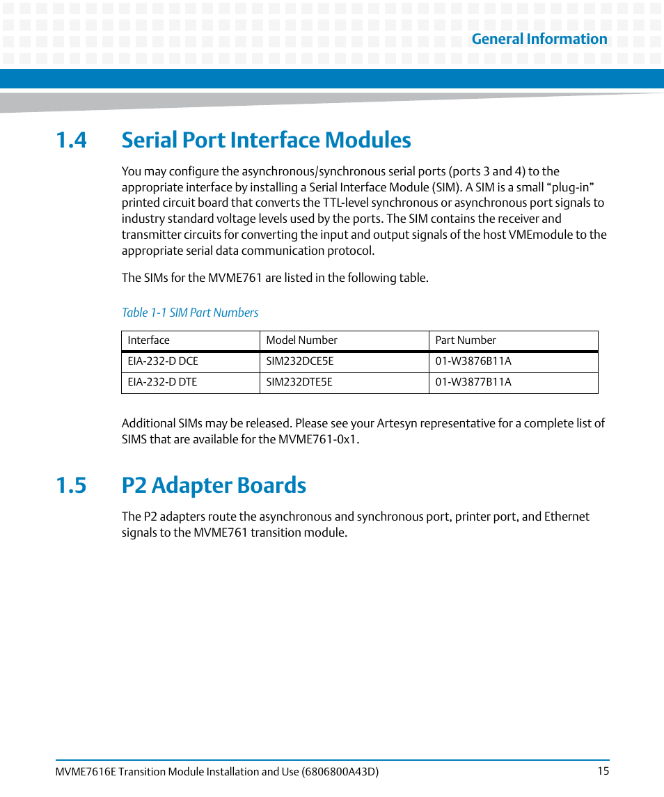 4 serial port interface modules, 5 p2 adapter boards, Table 1-1 | Sim part numbers | Artesyn MVME7616E Transition Module Installation and Use (April 2015) User Manual | Page 15 / 56