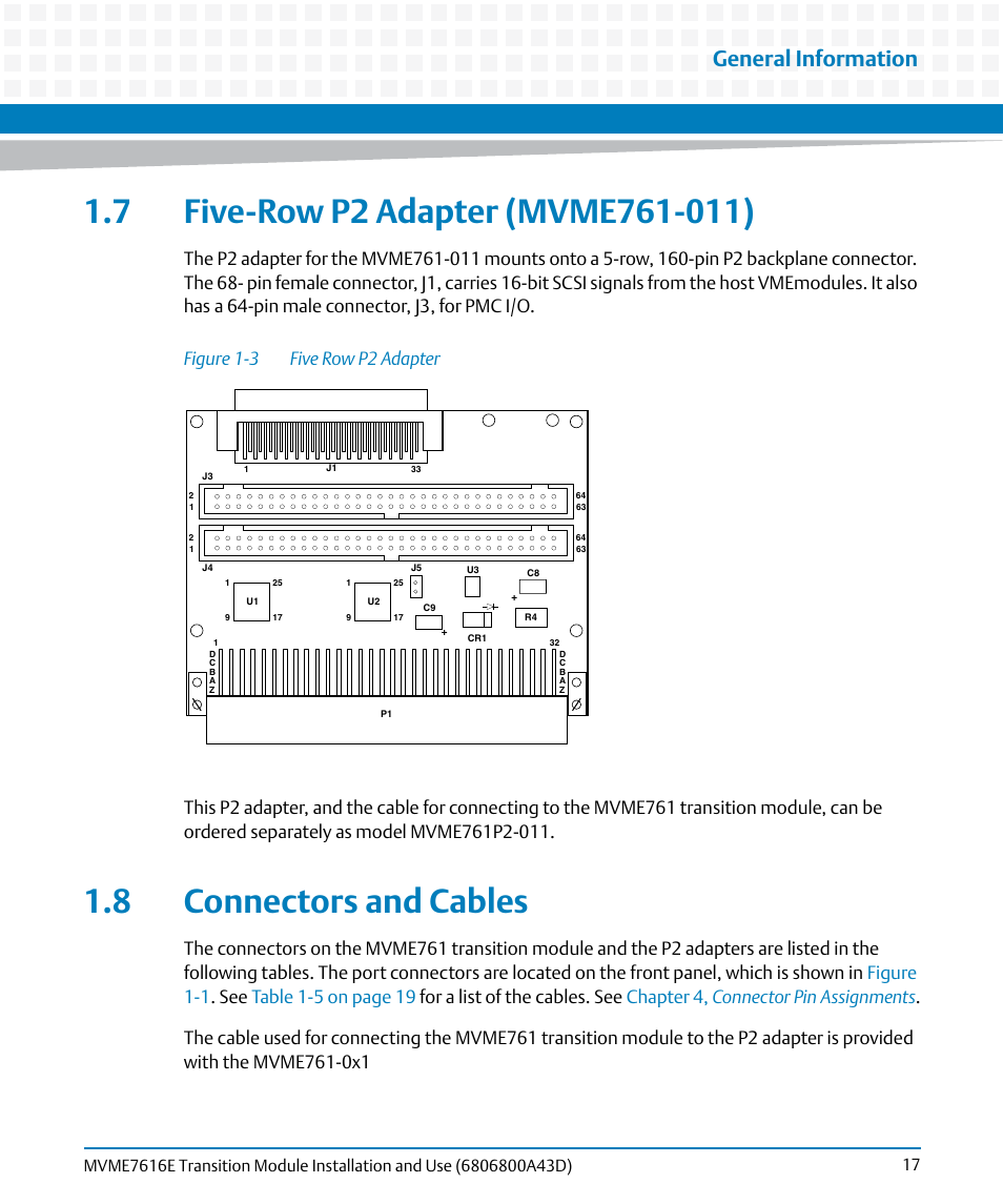 7 five-row p2 adapter (mvme761-011), 8 connectors and cables, Figure 1-3 | Five row p2 adapter, General information | Artesyn MVME7616E Transition Module Installation and Use (April 2015) User Manual | Page 17 / 56
