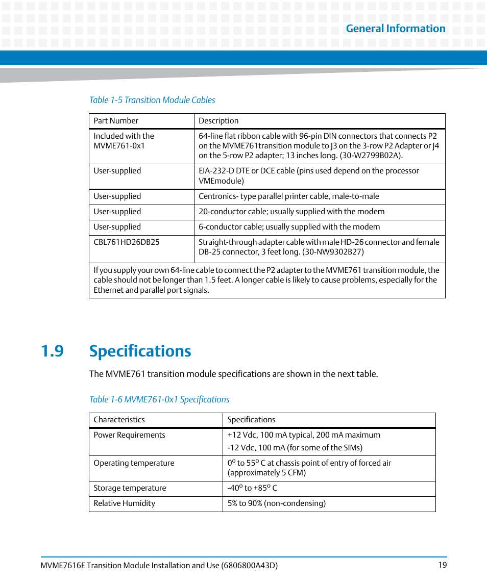 9 specifications, Table 1-5, Transition module cables | Table 1-6, Mvme761-0x1 specifications, General information | Artesyn MVME7616E Transition Module Installation and Use (April 2015) User Manual | Page 19 / 56