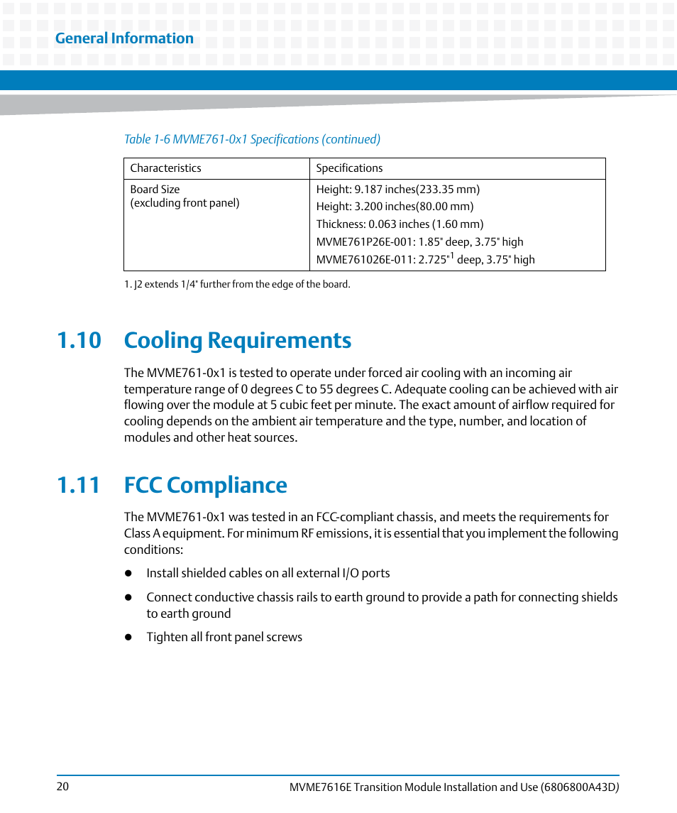 10 cooling requirements, 11 fcc compliance, 10 cooling requirements 1.11 fcc compliance | General information | Artesyn MVME7616E Transition Module Installation and Use (April 2015) User Manual | Page 20 / 56