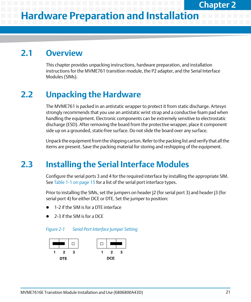 Hardware preparation and installation, 1 overview, 2 unpacking the hardware | 3 installing the serial interface modules, Figure 2-1, Serial port interface jumper setting, Chapter 2 | Artesyn MVME7616E Transition Module Installation and Use (April 2015) User Manual | Page 21 / 56