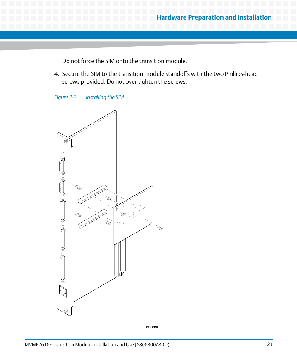 Figure 2-3, Installing the sim, Hardware preparation and installation | Artesyn MVME7616E Transition Module Installation and Use (April 2015) User Manual | Page 23 / 56