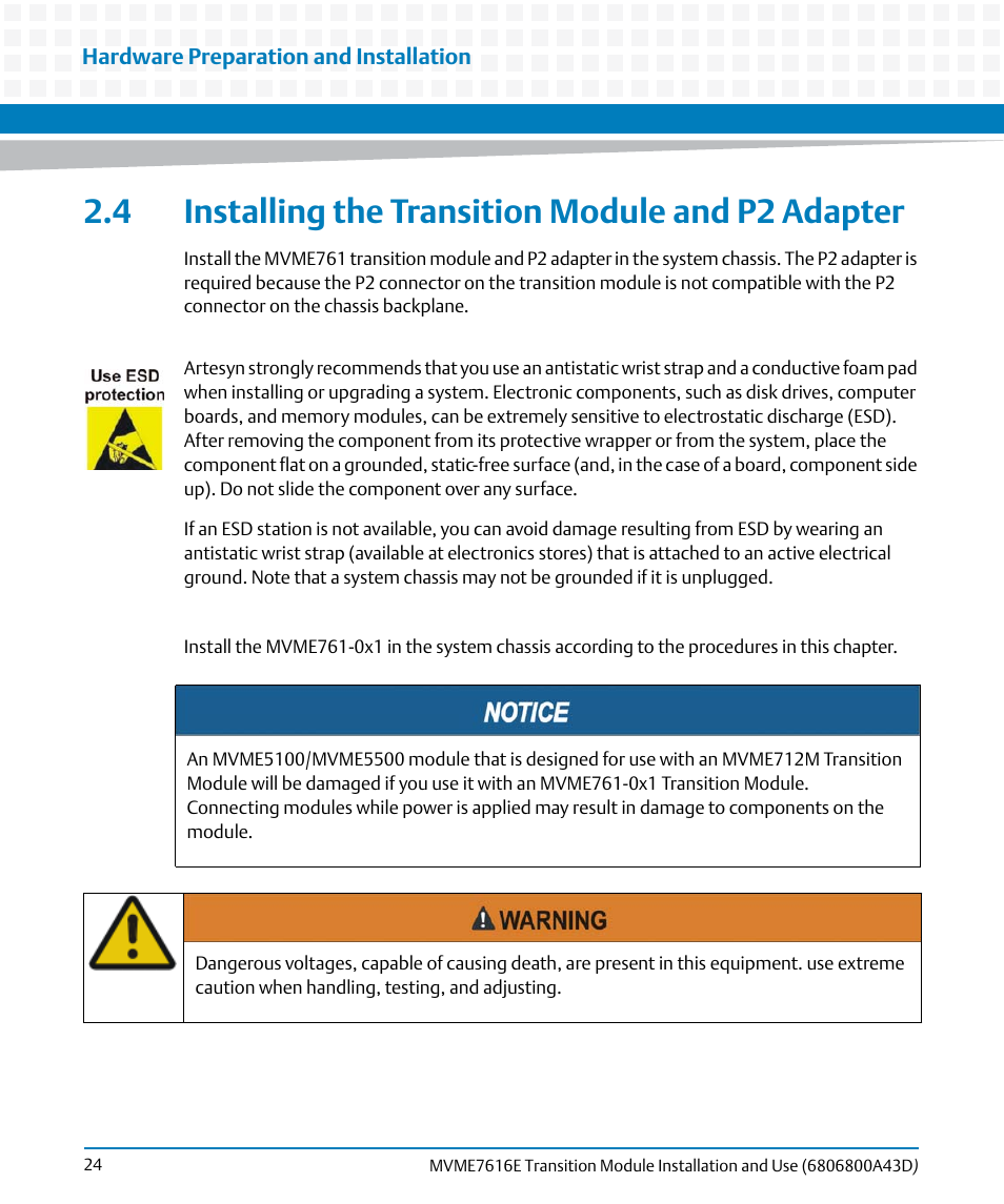 4 installing the transition module and p2 adapter | Artesyn MVME7616E Transition Module Installation and Use (April 2015) User Manual | Page 24 / 56