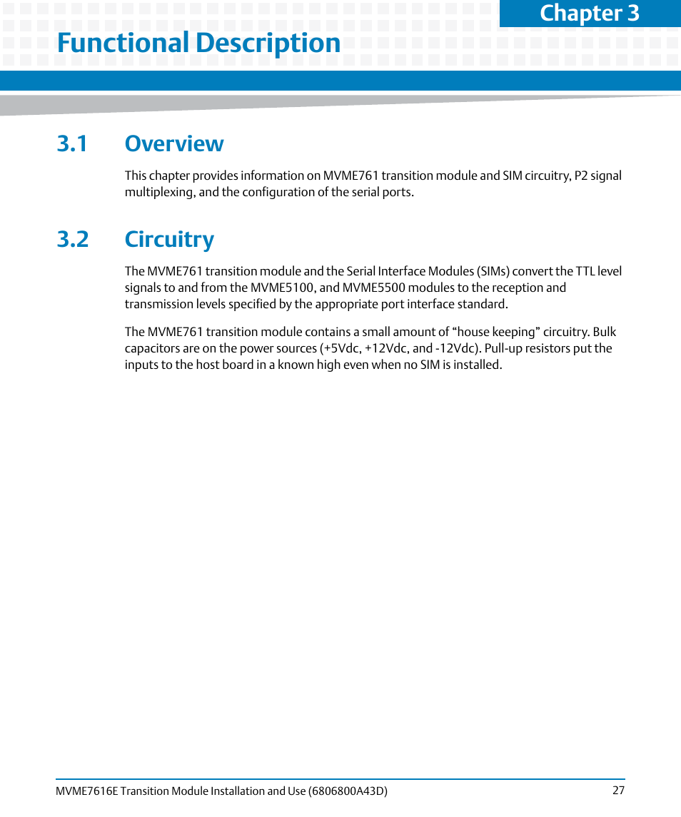 Functional description, 1 overview, 2 circuitry | 1 overview 3.2 circuitry, Chapter 3 | Artesyn MVME7616E Transition Module Installation and Use (April 2015) User Manual | Page 27 / 56